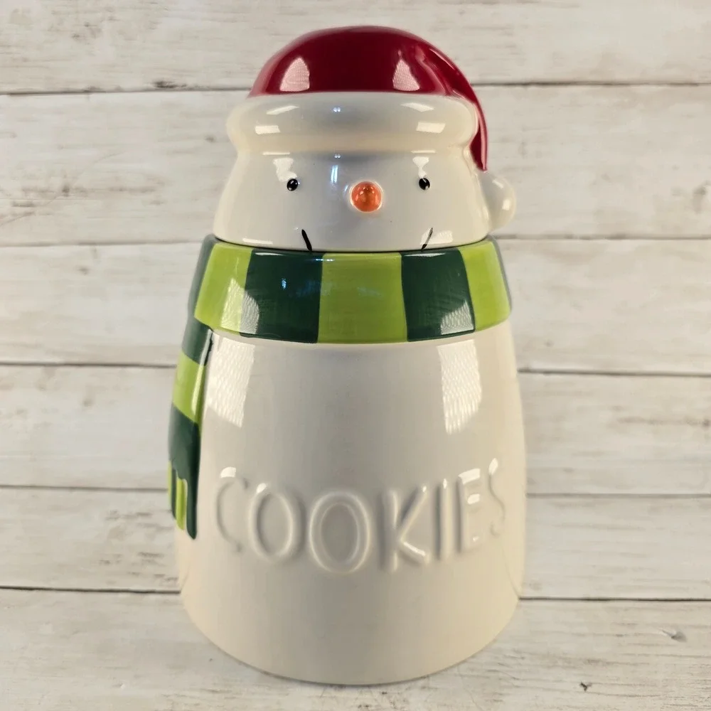 Hallmark Snowman Cookie Jar Christmas Ceramic Holiday Decor Red Green White